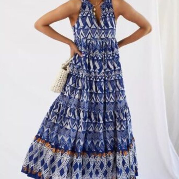 Anthropologie Dresses & Skirts - Anthropologie Tiered Abstract Maxi Blue Geometric Cotton Dress